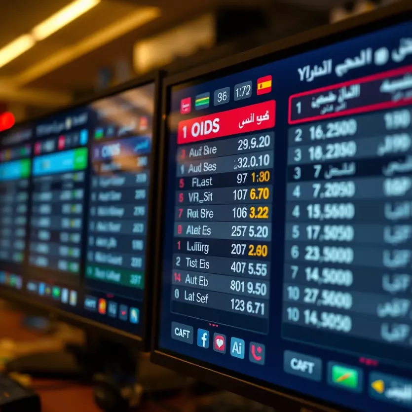Close-up of betting slips and odds displayed on a screen.