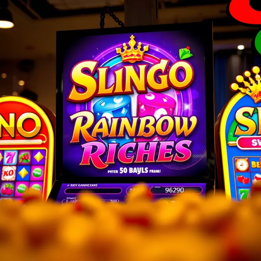 An illustration depicting the vibrant game interface of Slingo Rainbow Riches