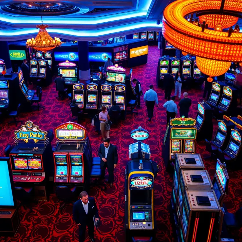 Aerial view of a bustling casino floor showcasing vibrant gaming tables and slot machines
