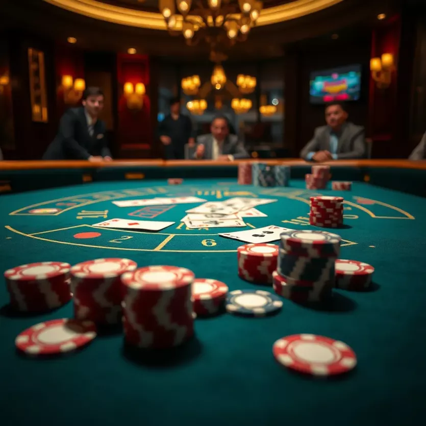 A close-up of a blackjack table with cards and chips