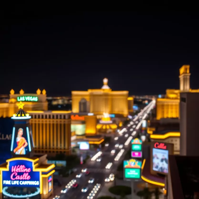 A panoramic view of the Las Vegas Strip illuminated at night