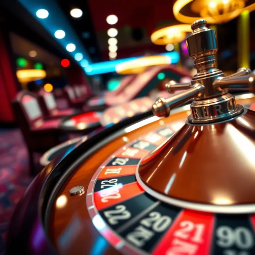 Close-up of a roulette wheel spinning in a casino