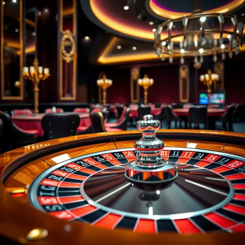 An elegant roulette wheel in a luxurious casino setting