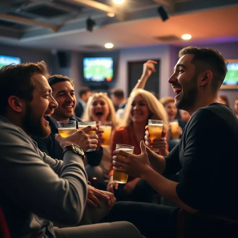 A group of friends cheering with drinks while watching a game.