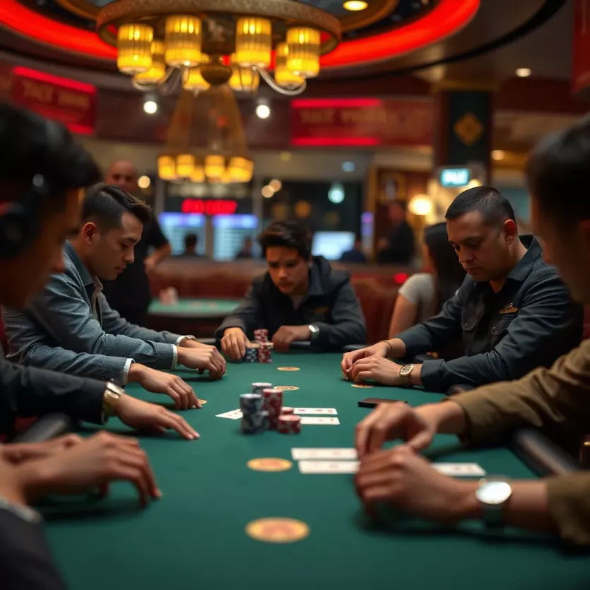Close-up of a poker table with focused players engaged in the game
