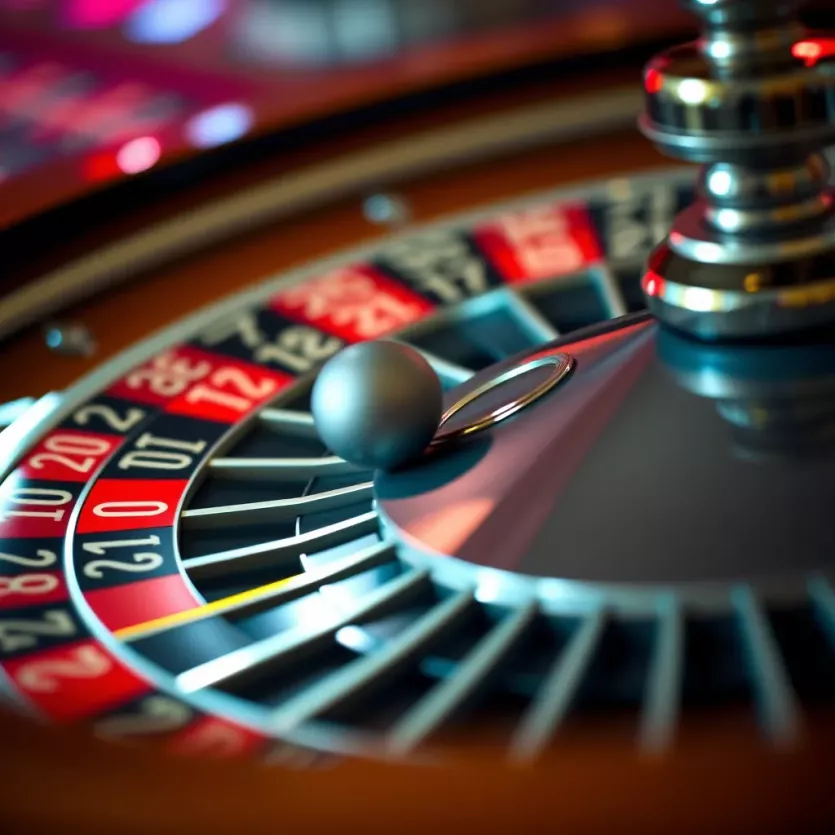 A close-up of the roulette wheel with a focus on the numbers and the ball.