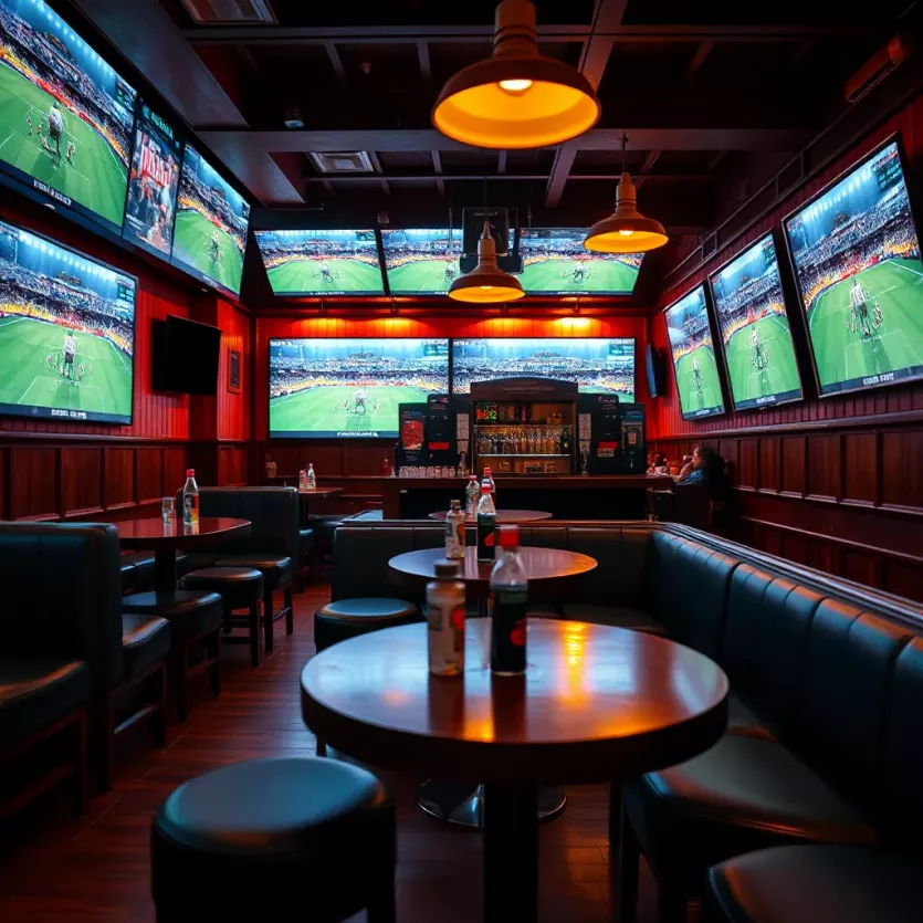 A cozy sports bar with screens showcasing live matches.